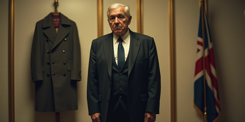 a man in a suit and tie standing in front of a wall with a coat and a flag on it, Bob Singer, grotes