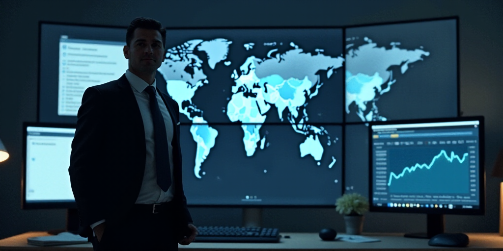 a man in a suit and tie standing in front of a desk with multiple monitors and a map on it, Dave Arr