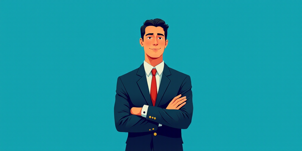 a man in a suit and tie standing with his arms crossed in front of him, with a blue background, Carl