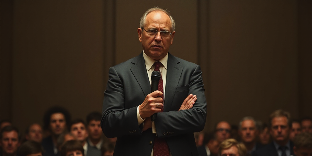 a man in a suit and tie standing in a room with a microphone in his hand and his arms folded, Beeple