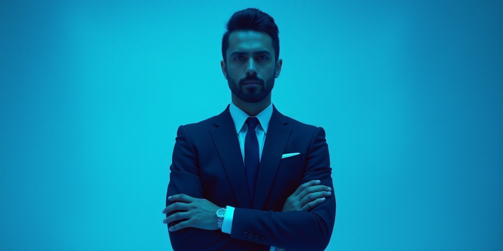 a man in a suit and tie standing with his arms crossed in front of him with a blue background, Estua