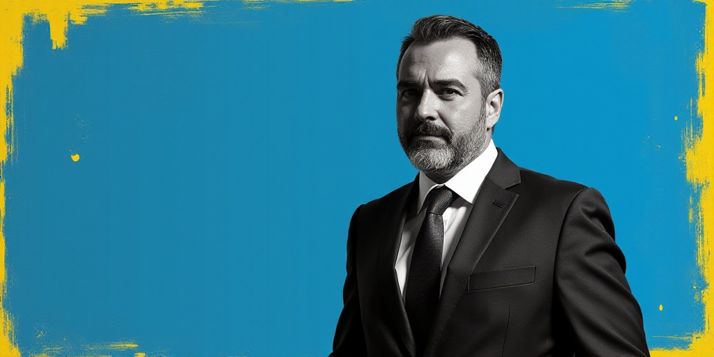 a man in a suit and tie standing in front of a blue background with a yellow border and a black and