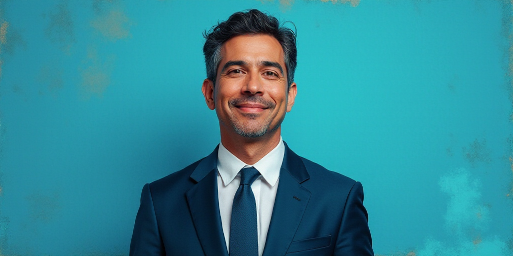 a man in a suit and tie standing in front of a blue background with a caption that reads, louis migu