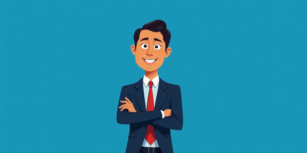 a man in a suit and tie standing with his arms crossed in front of him, with a blue background, Carl