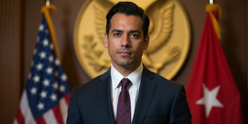a man in a suit and tie standing in front of a flag and a gold wall with a gold eagle, Estuardo Mald