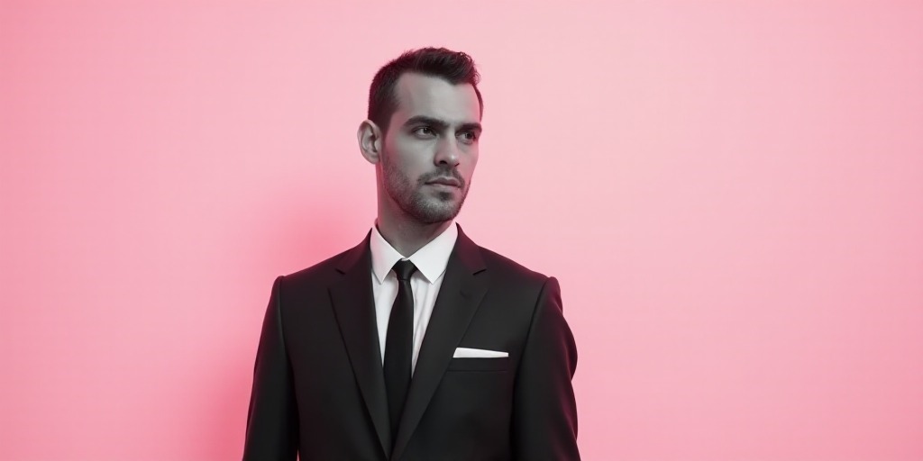 a man in a suit and tie standing in front of a pink background with a white background and a black a