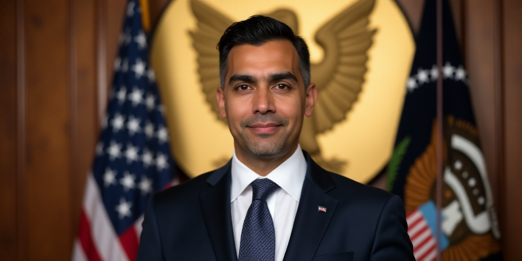 a man in a suit and tie standing in front of a flag and a gold wall with a gold eagle, Estuardo Mald