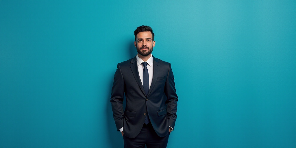 a man in a suit and tie standing in front of a blue background with a black and white photo, Alejand