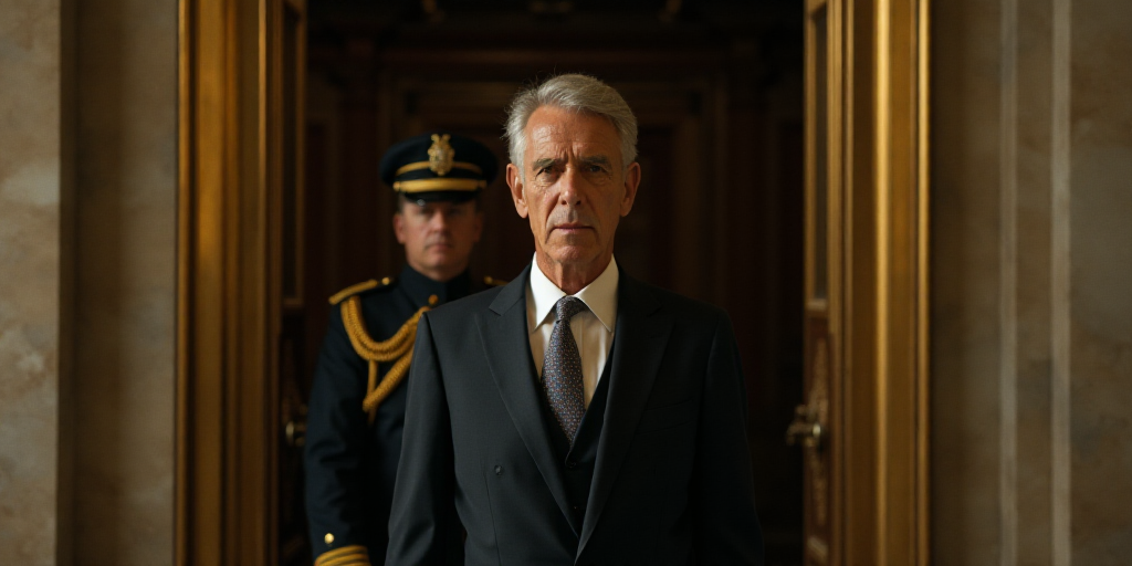 a man in a suit and tie standing in front of a door with a man in uniform behind him, Donald Roller