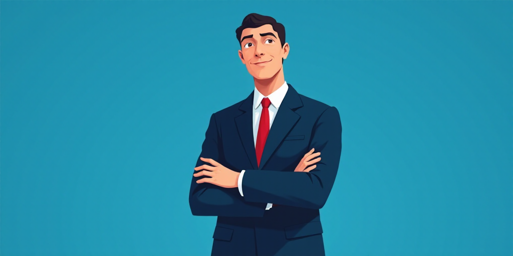 a man in a suit and tie standing with his arms crossed in front of him, with a blue background, Carl