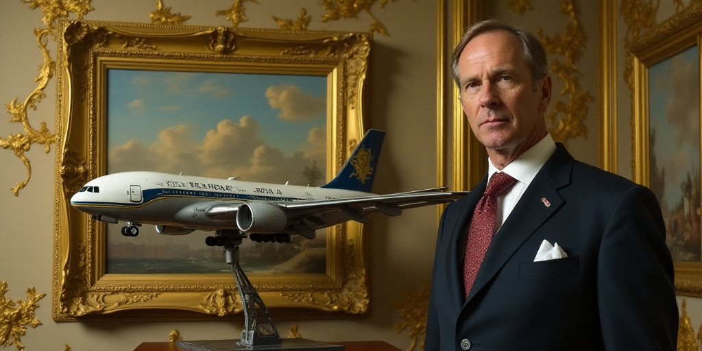 a man in a suit and tie standing in front of a model airplane and a wall with gold decorations, Dona