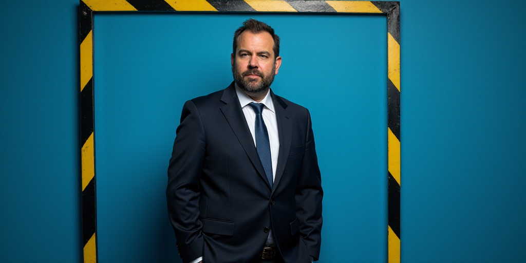 a man in a suit and tie standing in front of a blue background with a black and yellow border, Chris
