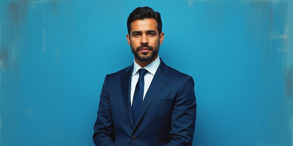 a man in a suit and tie standing in front of a blue background with a caption that reads, louis migu
