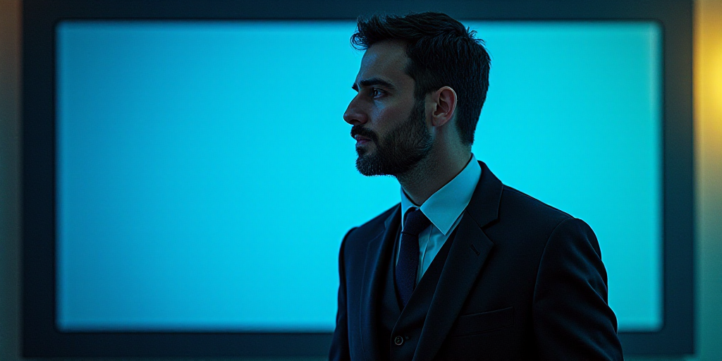 a man in a suit and tie standing in front of a blue background with a black and yellow border, Eduar