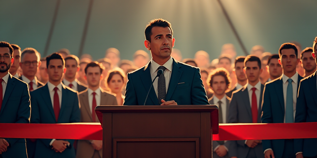 a man in a suit and tie standing at a podium with a ribbon in front of him and a crowd of people beh