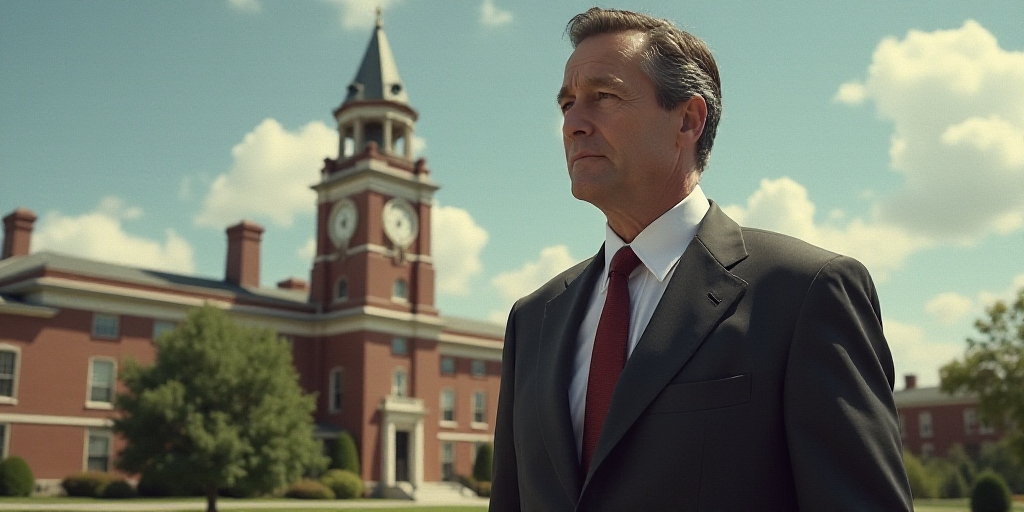 a man in a suit and tie standing in front of a building with a clock tower in the background, Donald
