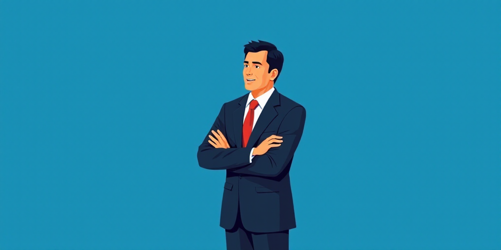 a man in a suit and tie standing with his arms crossed in front of him, with a blue background, Carl