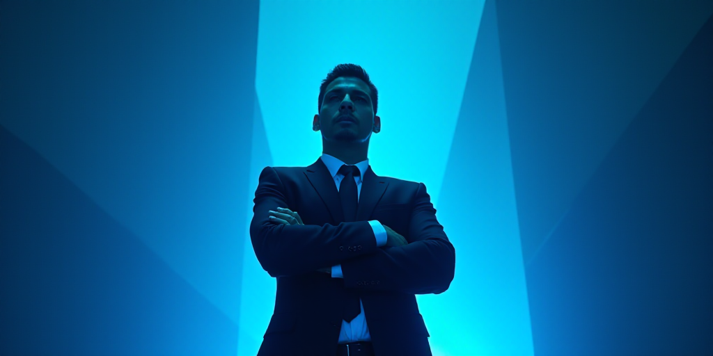 a man in a suit and tie standing with his arms crossed in front of him with a blue background, Estua