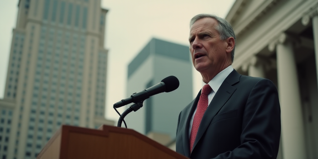 a man in a suit and tie standing at a podium with a microphone in front of him and a building in the