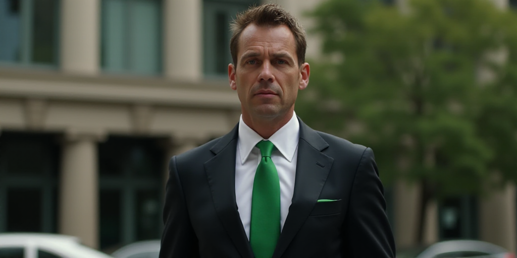 a man in a suit and tie standing in front of a building with a green tie on his neck, Clark Voorhees