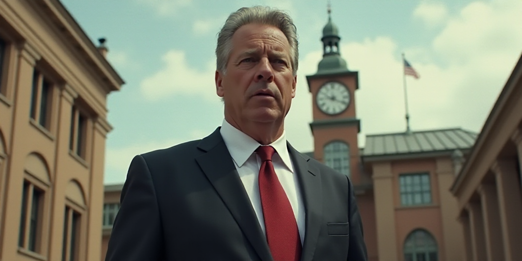 a man in a suit and tie standing in front of a building with a clock tower in the background, Donald