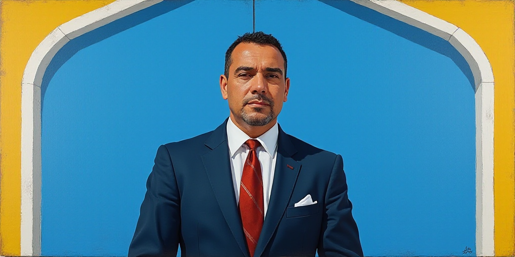 a man in a suit and tie standing in front of a blue background with a white and yellow border, Carlo