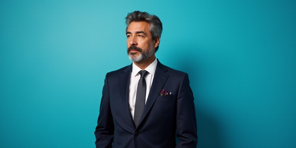 a man in a suit and tie standing in front of a blue background with a black and white photo, Alejand