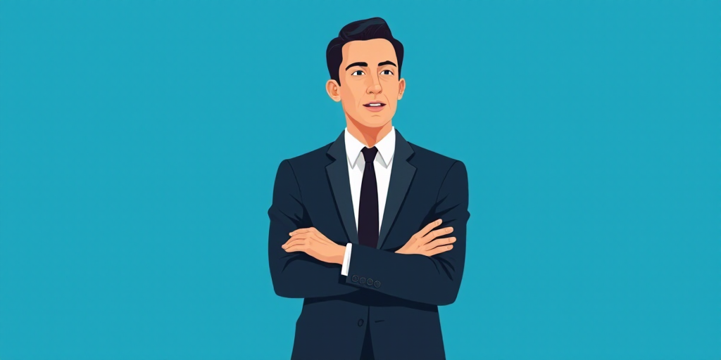 a man in a suit and tie standing with his arms crossed in front of him, with a blue background, Carl