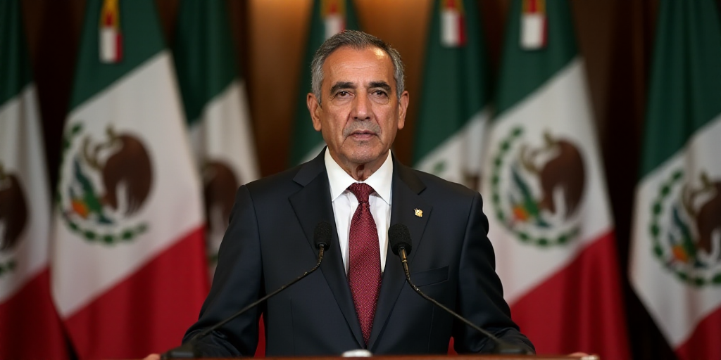 a man in a suit and tie standing in front of a microphone and flags of the state of mexico, Farid Ma