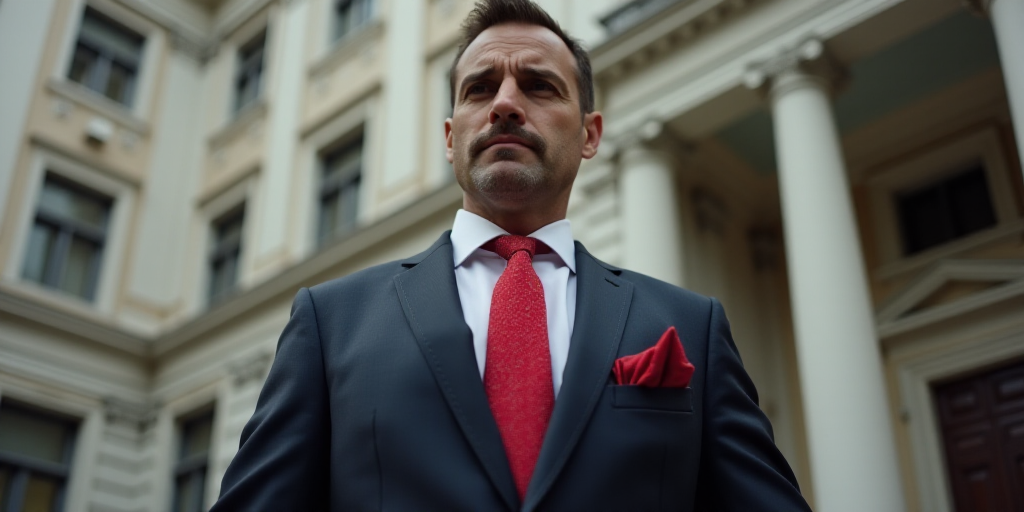 a man in a suit and tie standing in front of a building with a red tie on his lap, Donald Roller Wil