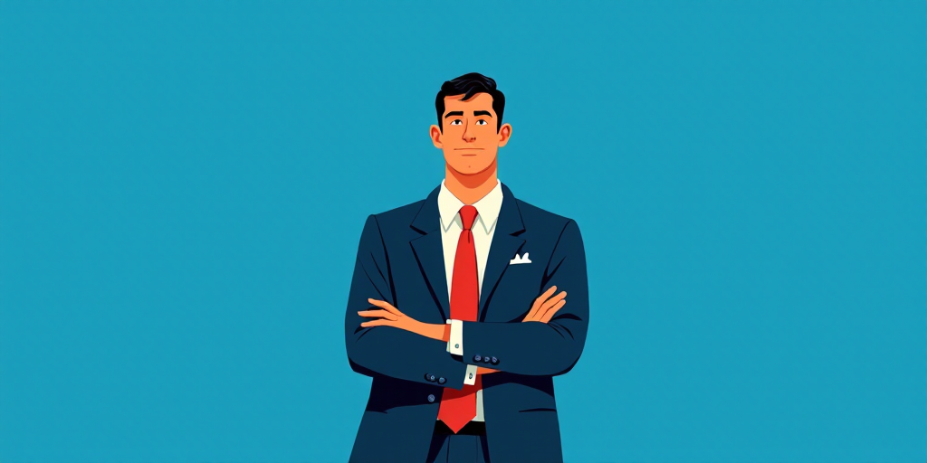 a man in a suit and tie standing with his arms crossed in front of him, with a blue background, Carl