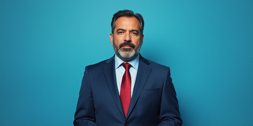 a man in a suit and tie standing in front of a blue background with a caption that reads, louis migu