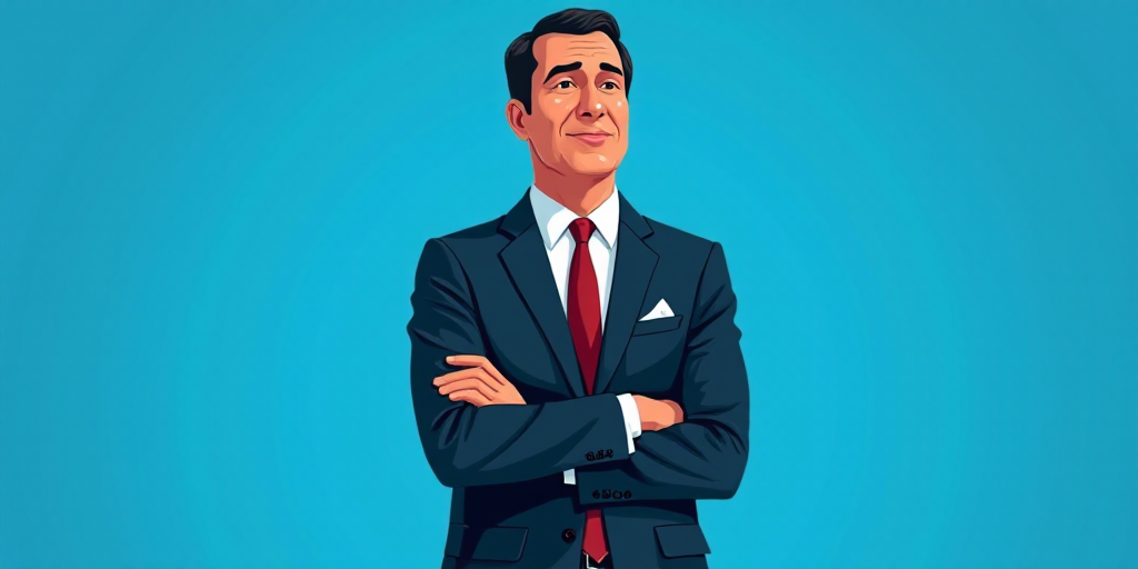 a man in a suit and tie standing with his arms crossed in front of him, with a blue background, Carl