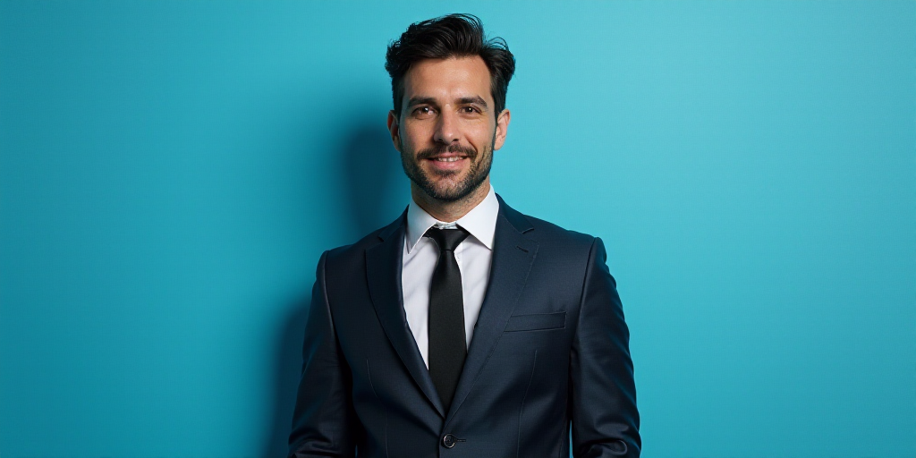 a man in a suit and tie standing in front of a blue background with a black and white photo, Alejand