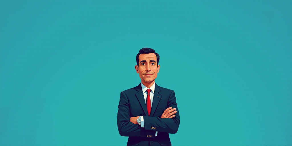 a man in a suit and tie standing with his arms crossed in front of him, with a blue background, Carl