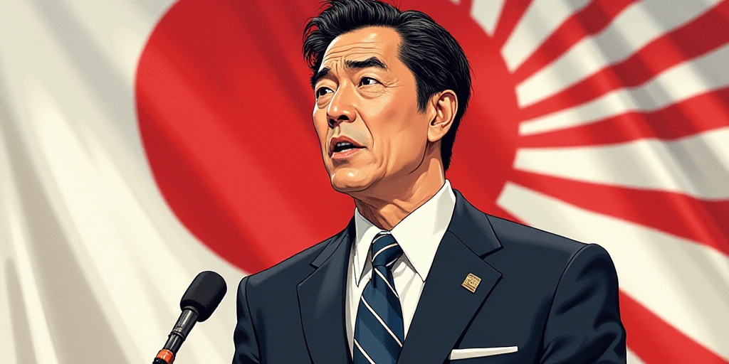 a man in a suit and tie standing in front of a flag and a microphone in front of him, Awataguchi Tak