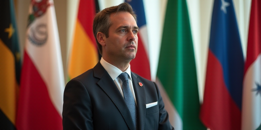 a man in a suit and tie standing in front of flags of different colors and sizes, looking off to the