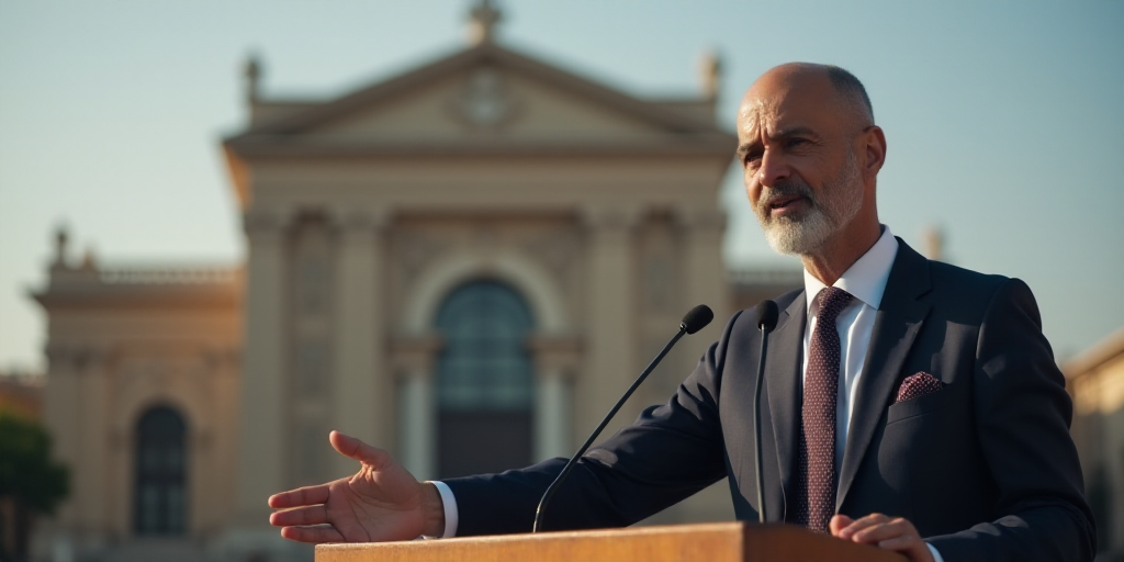 a man in a suit and tie standing at a podium with a microphone in front of him and a building in the