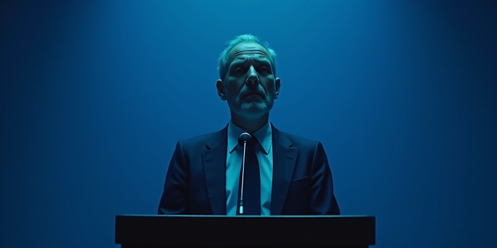 a man in a suit and tie standing at a podium with a microphone in front of him and a blue backdrop,