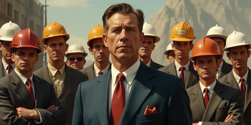 a man in a suit and tie standing in front of a group of people wearing hard hats and hardhats, Donal