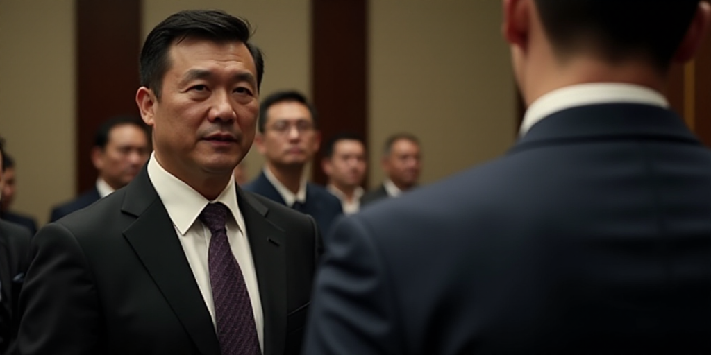 a man in a suit and tie talking to another man in a suit and tie in a room with other men, Chen Lu,