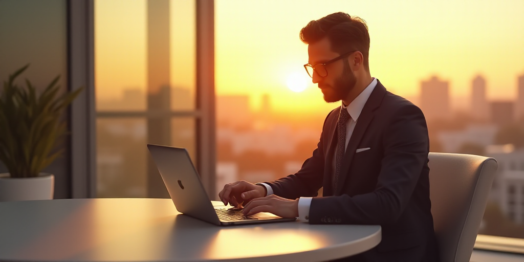 a man in a suit and tie using a laptop computer outside on a table outside in the sun,, ESAO, profes