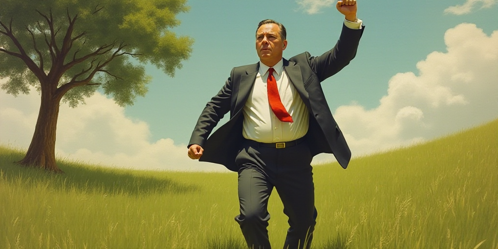 a man in a suit and tie walking in the grass with his fist up in the air and a tree in the backgroun
