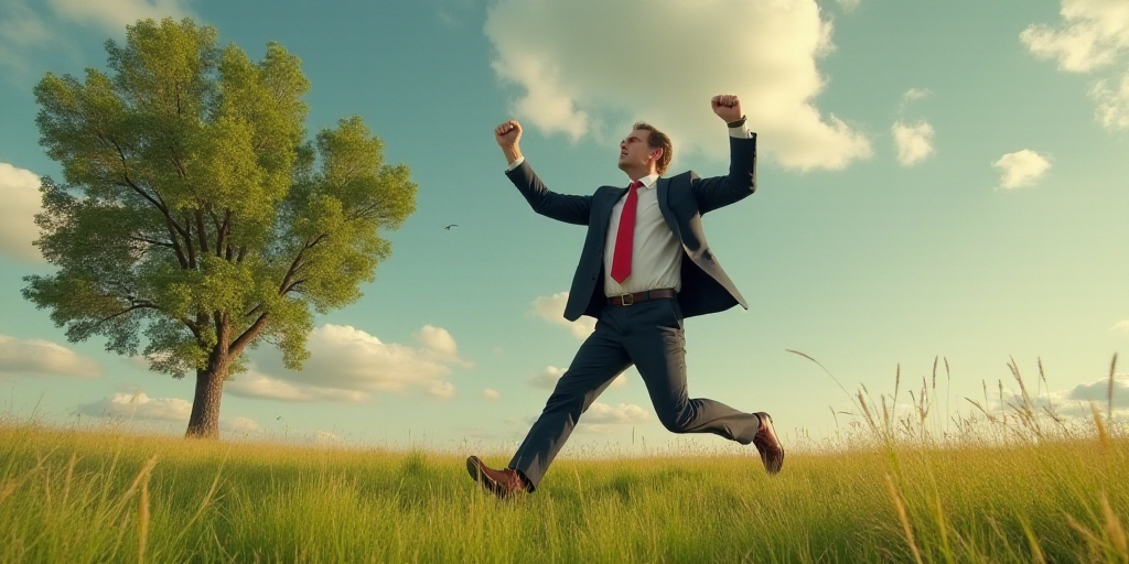 a man in a suit and tie walking in the grass with his fist up in the air and a tree in the backgroun