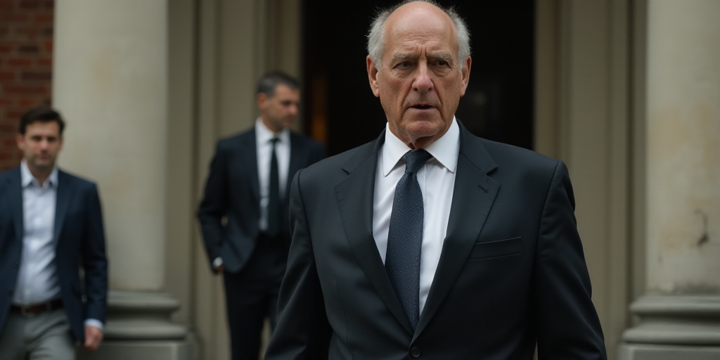 a man in a suit and tie walking outside of a building with another man in the background behind him,