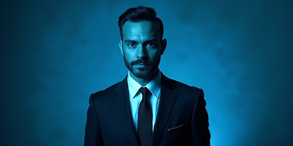 a man in a suit and tie with a blue background and a black and white photo of him and the caption of