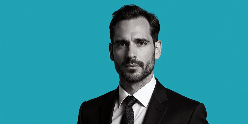 a man in a suit and tie with a blue background and a black and white photo of him with the caption a