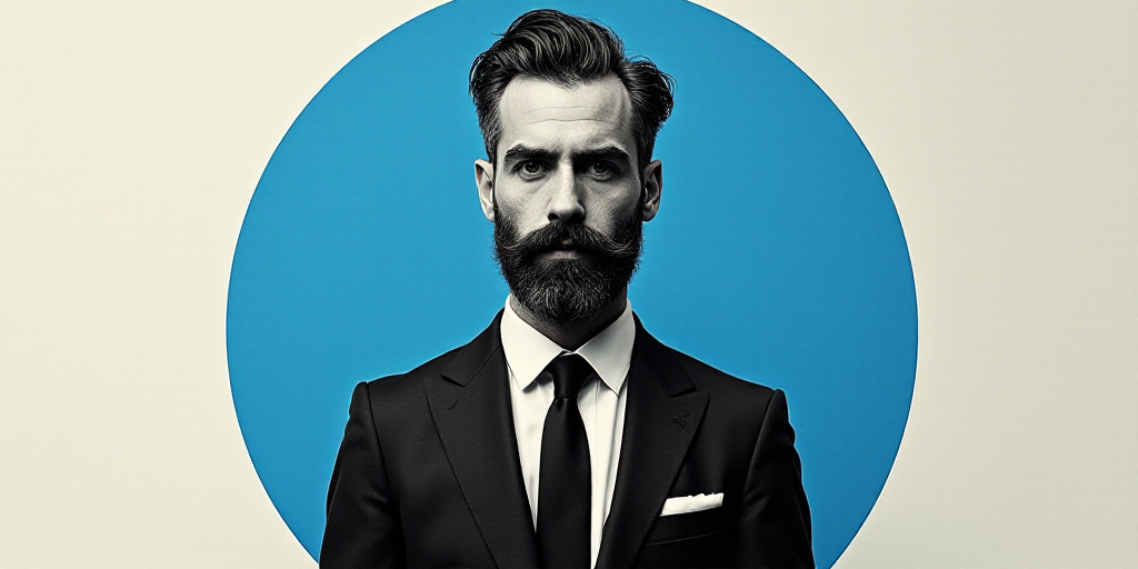 a man in a suit and tie with a beard and mustache on a black and white background with a blue circle