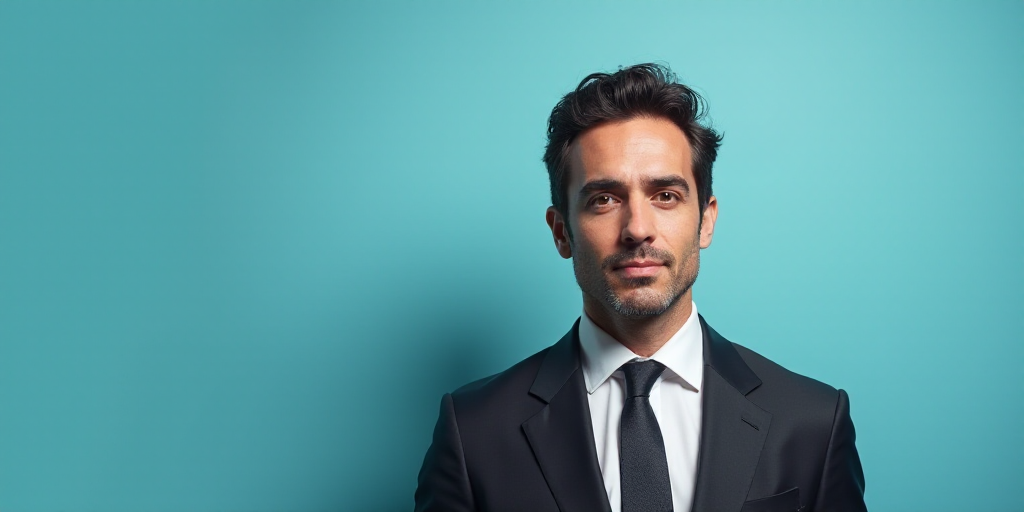 a man in a suit and tie with a blue background and a black and white photo of a man in a suit and ti