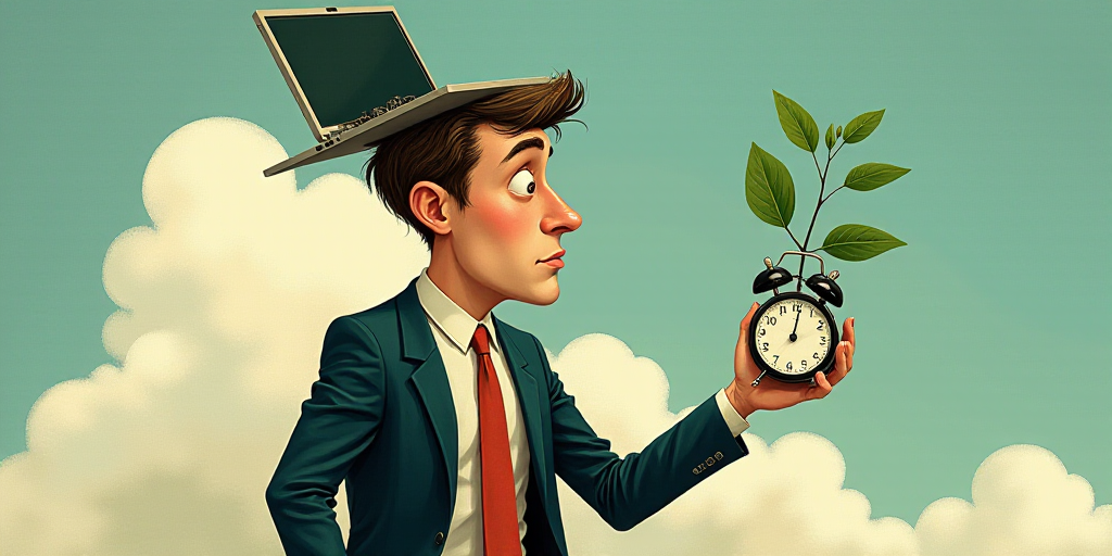 a man in a suit and tie with a clock and a plant in his hand and a laptop on his head, Floris van Sc